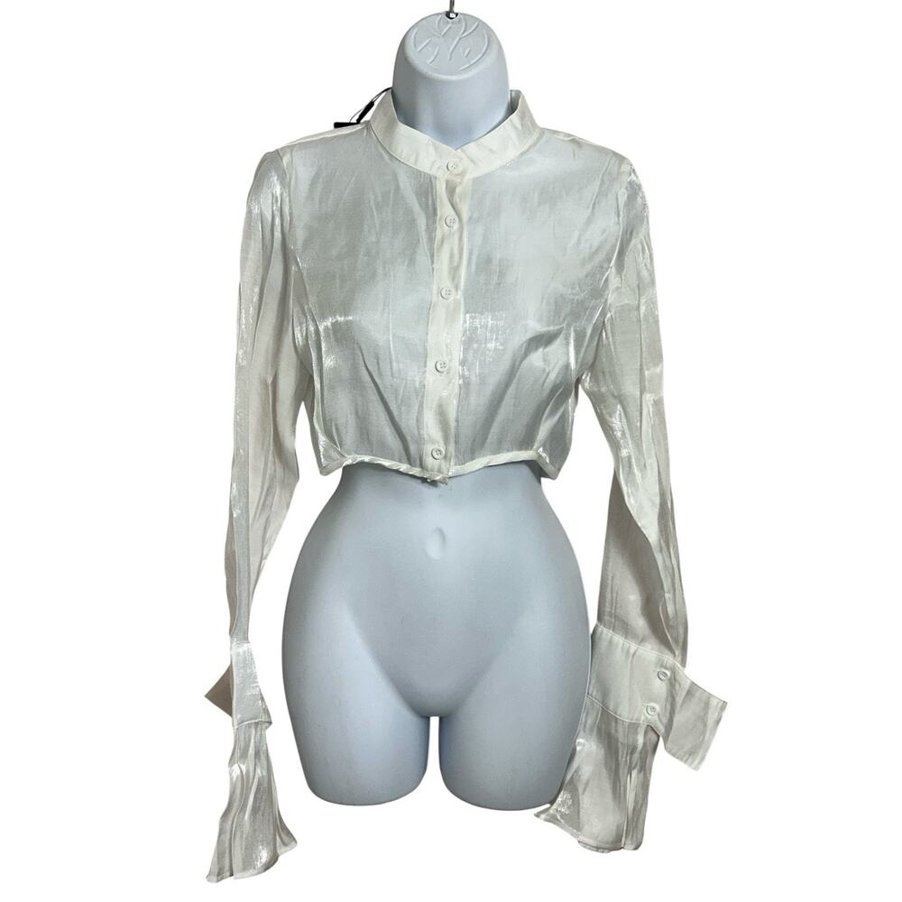 Fashion Nova Kaelie Satin Crop Top Off White Sz Small Long Bell Sleeve New - Picture 5 of 14